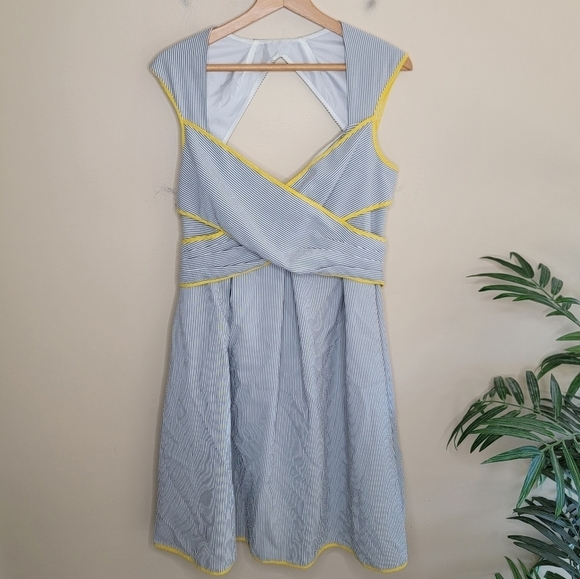NWT Jessica H | Blue & White Striped Dress with Yellow Trim Size 14 - Picture 1 of 6
